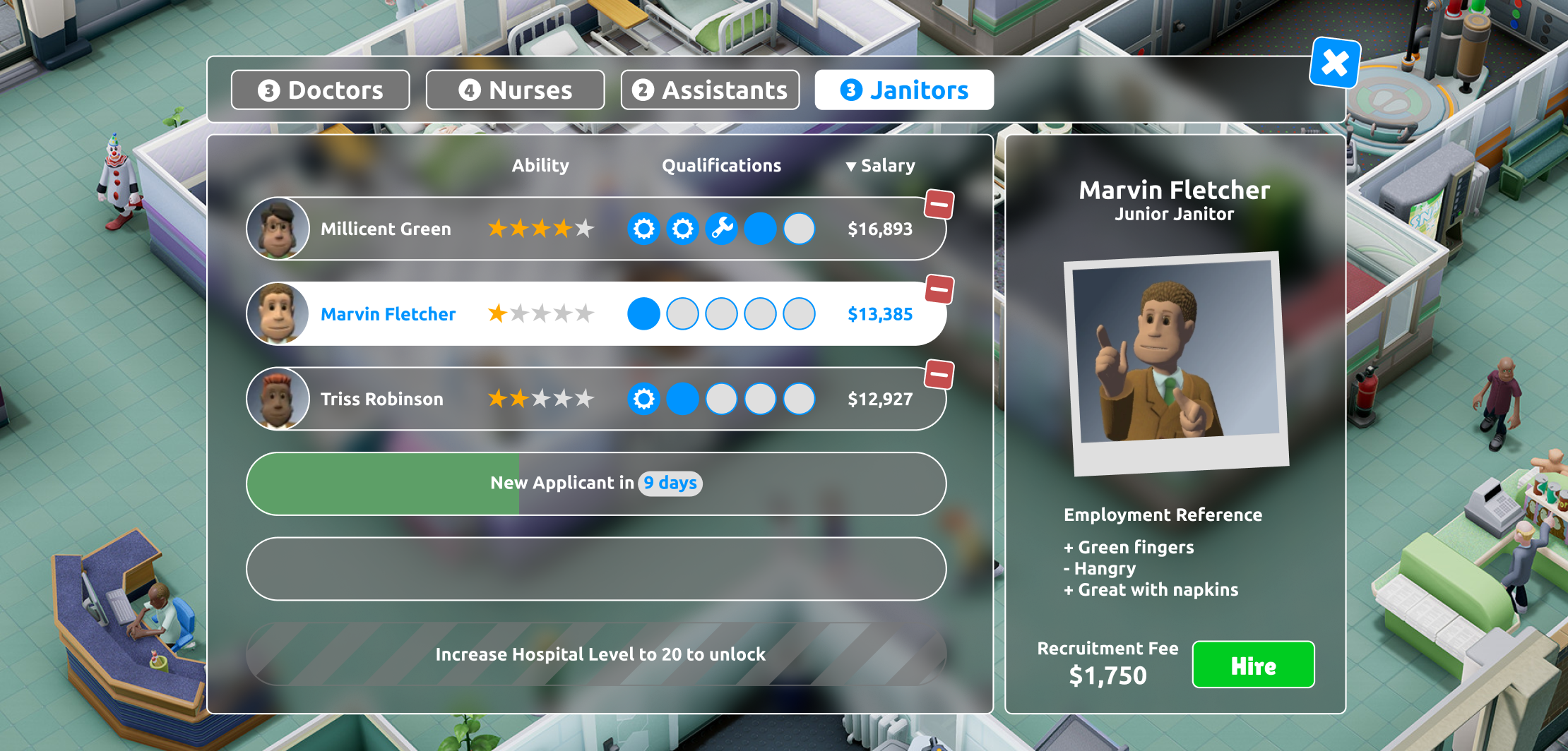 UI redesign mockup for Two Point Hospital