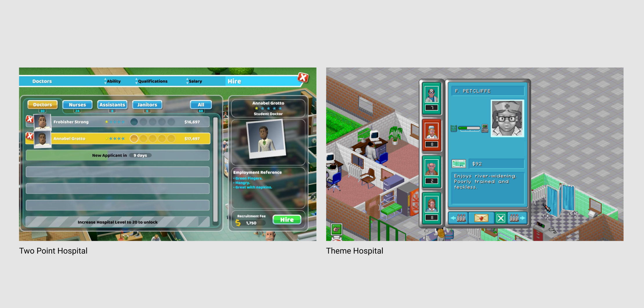 Screenshots of Two Point Hospital and Theme Hospital